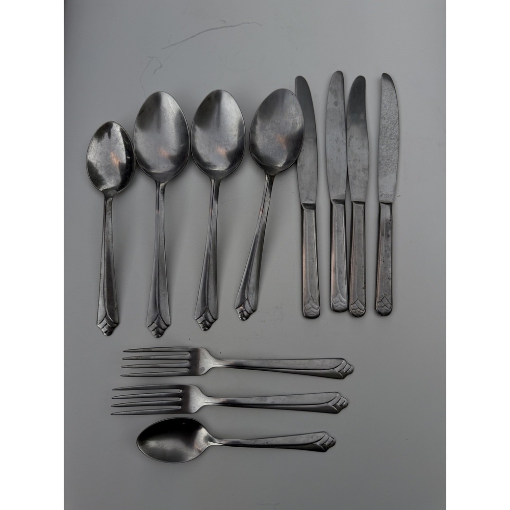 Vintage Stainless USA Flatware Set 11pc Art Deco Shell Fan Pattern Silverware